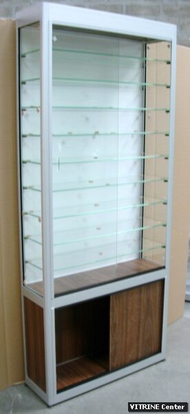 vitrine aluminium avec meuble de rangement en bois