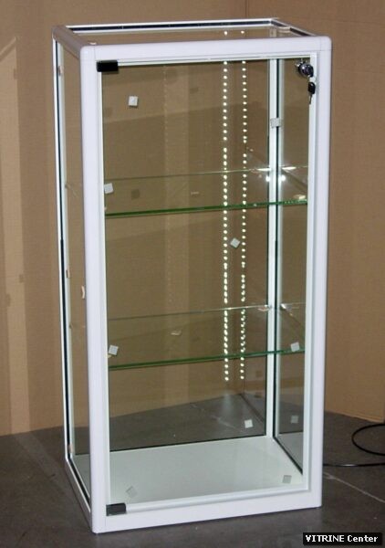 vitrine a poser avec porte battante dessu verre et éclairage led
