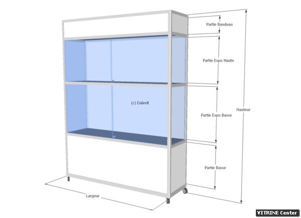 vitrine haute sur roulette composer d' une partie meuble, expo et bandeau mélaminé en haut