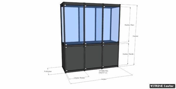 Vitrine haute 3 modules équipé de porte battante verre et mélaminé