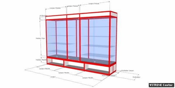 Vitrine 3 modules avec module centrale moin large