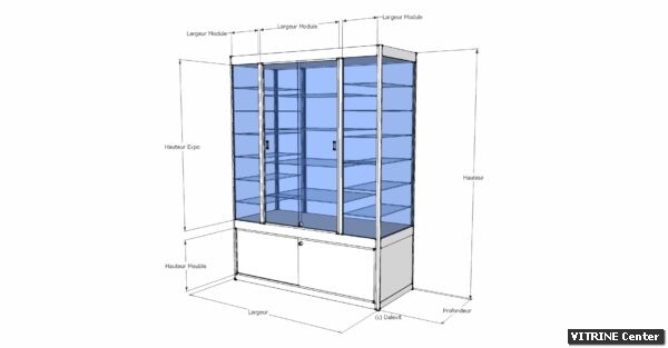 Vitrine haute équipe d' un meuble de rangement et d'une partie expo divisé en 3