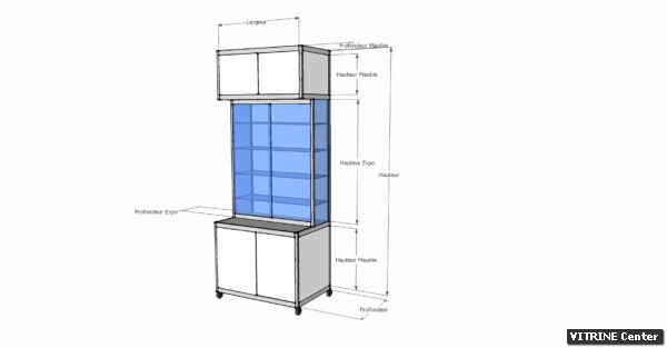 Vitrine haute équipé de de partie meuble haut et bas plus profondes que la partie expo, sur roulettes