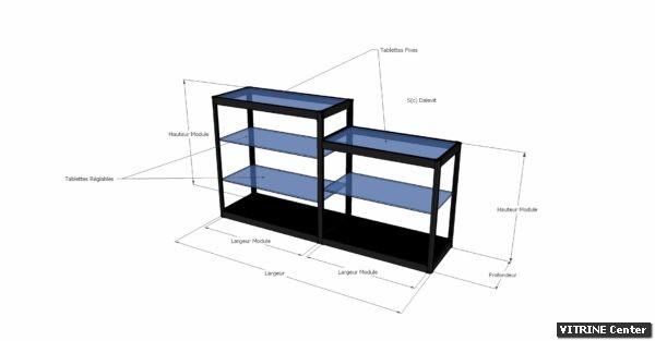 Vitrine haute composé de 2 module dont une plus haute que l'autre et tablettes réglables verre