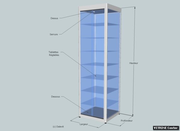 Vitrine haute équipé de 7 tablettes réglables verre et de portes coulissantes verre + serrure