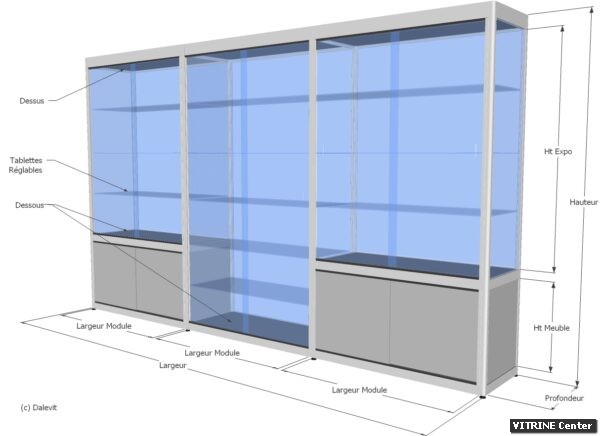 Vitrine haute composé en 3 module avec 2 modules de cotés equipé de meuble et un module central sans meuble