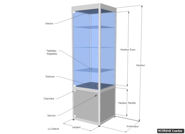 Vitrine haute équipé de 3 tablette réglables verre et d' une partie meuble