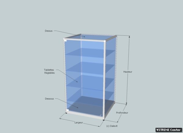 Vitrine basse équipé de 4 tablettes réglables verre et d'une porte battante verre + serrure