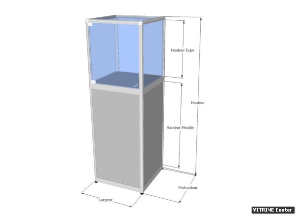 Vitrine basse équipé d'un caisson et d'une partie expo en verre avec simple porte battante + serrure