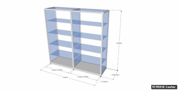 Vitrine basse composé de 2 modules identiques et de 4 tablettes réglables verre par module