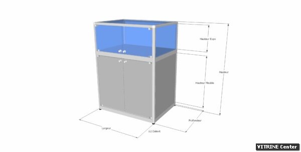Vitrine basse équipe de double portes battantes + serrurre partie meuble et partie expo