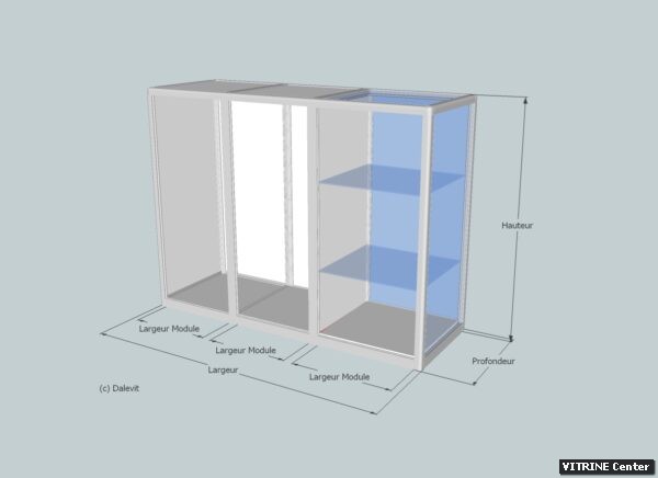 Vitrine comptoir composé de 3 modules dont un en verre avec 2 tablettes réglabless