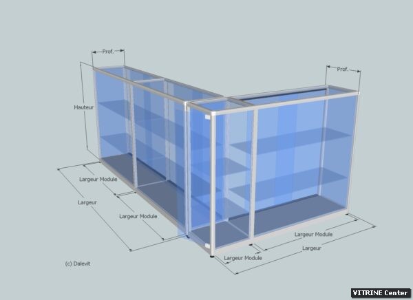 Vitrine comptoir en aluminium, verre et mélaminé