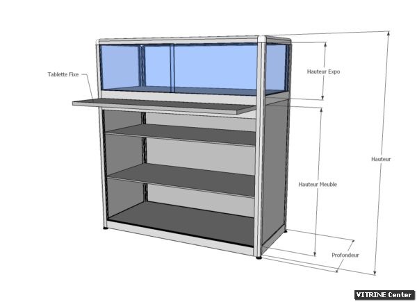 Vitrine comptoir composé d'une partie expo en verre et partie meuble mélaminé avec tablette fixe