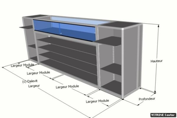 Vitrine comptoir composé de 3 modules dont le modules centrale plus large