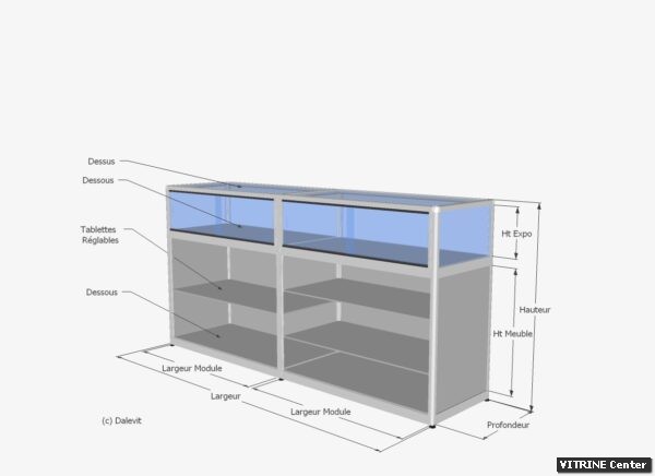 Vitrine comptoir meuble avec tablette de rangement dans meuble et partie expo verre