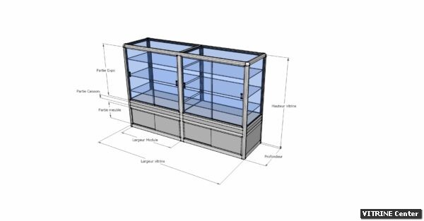 Vitrine comptoir double modules identiques et 3 tablettes réglables verre