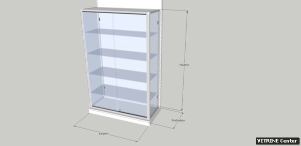 Vitrine gondole a fixe, 4 tablettes réglables verre et portes coulissantes + serrure