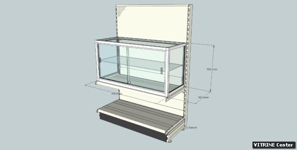 Vitrine gondole équipé d'une tablette verre et portes coulissantes verre + serrure