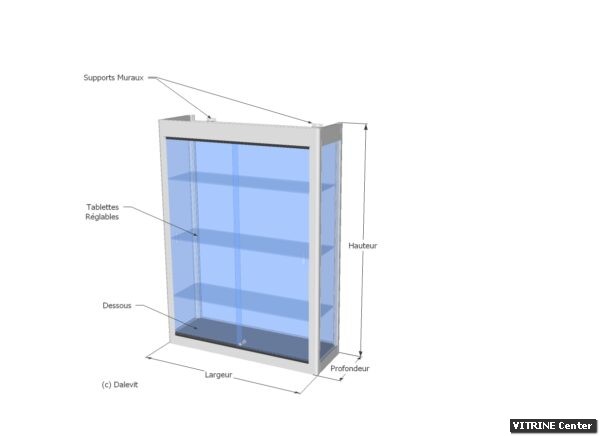 Vitrine murale équipé de 3 tablettes réglables verre et de portes coulissantes + serrure