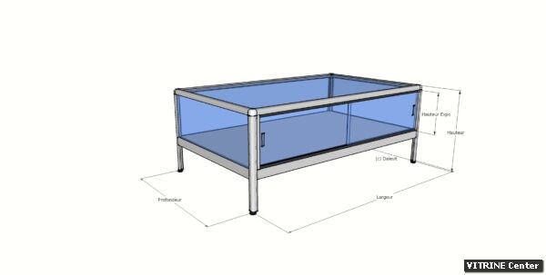 Vitrine table en aluminium, verre et mélaminé