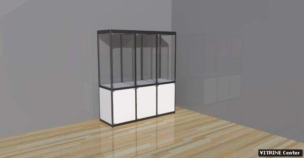 vitrine composée de 3 modules eidentiques equipé de portes battantes