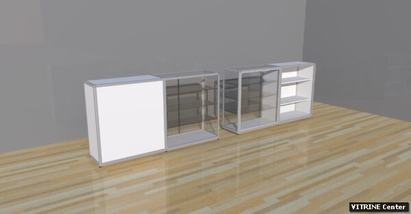 Vitrine comptoir 2 modules équipé d'une partie meuble en bois et d'une partie expo en verre
